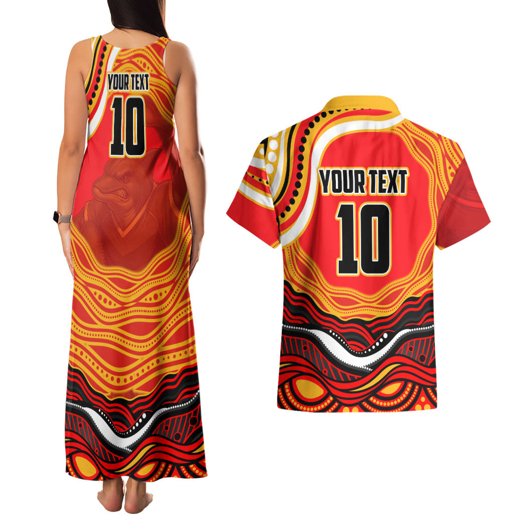 Personalized Redcliffe Dolphins Couples Matching Tank Maxi Dress and Hawaiian Shirt Aboriginal Dot Art - Dreamtime Rugby Mascot
