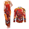 Personalized Redcliffe Dolphins Couples Matching Tank Maxi Dress and Long Sleeve Button Shirt Aboriginal Dot Art - Dreamtime Rugby Mascot