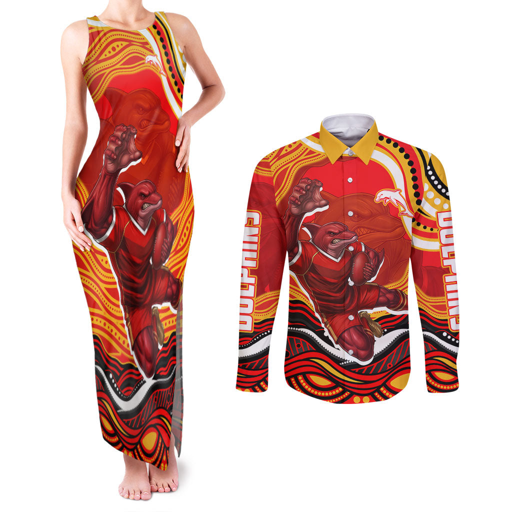 Personalized Redcliffe Dolphins Couples Matching Tank Maxi Dress and Long Sleeve Button Shirt Aboriginal Dot Art - Dreamtime Rugby Mascot