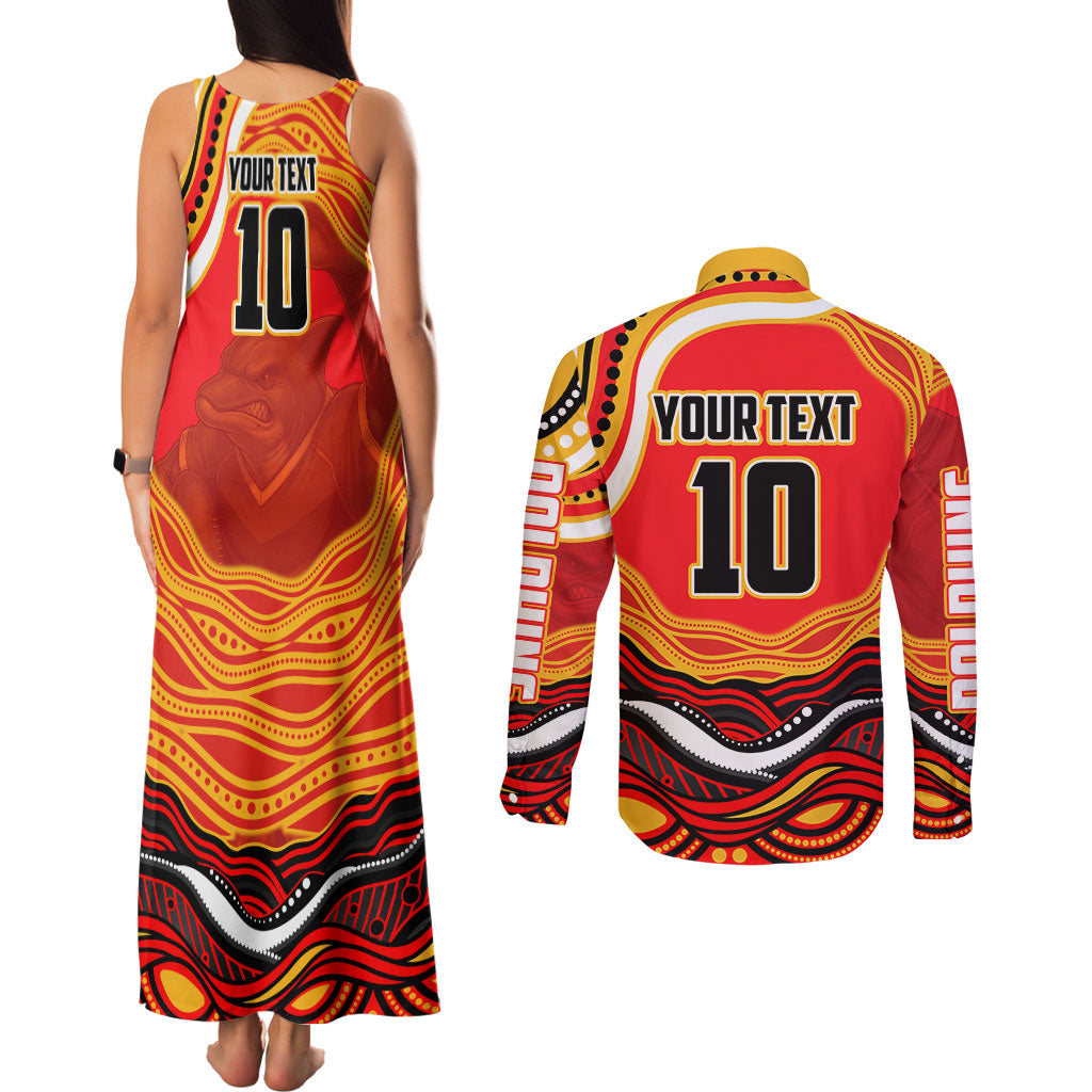 Personalized Redcliffe Dolphins Couples Matching Tank Maxi Dress and Long Sleeve Button Shirt Aboriginal Dot Art - Dreamtime Rugby Mascot