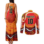 Personalized Redcliffe Dolphins Couples Matching Tank Maxi Dress and Long Sleeve Button Shirt Aboriginal Dot Art - Dreamtime Rugby Mascot