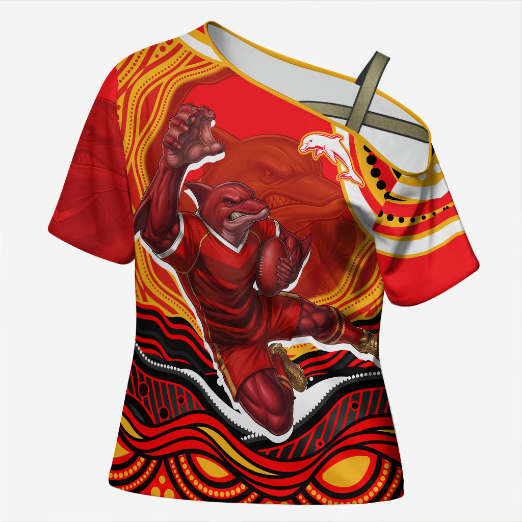 Personalized Redcliffe Dolphins Cross Shoulder Shirt Aboriginal Dot Art - Dreamtime Rugby Mascot