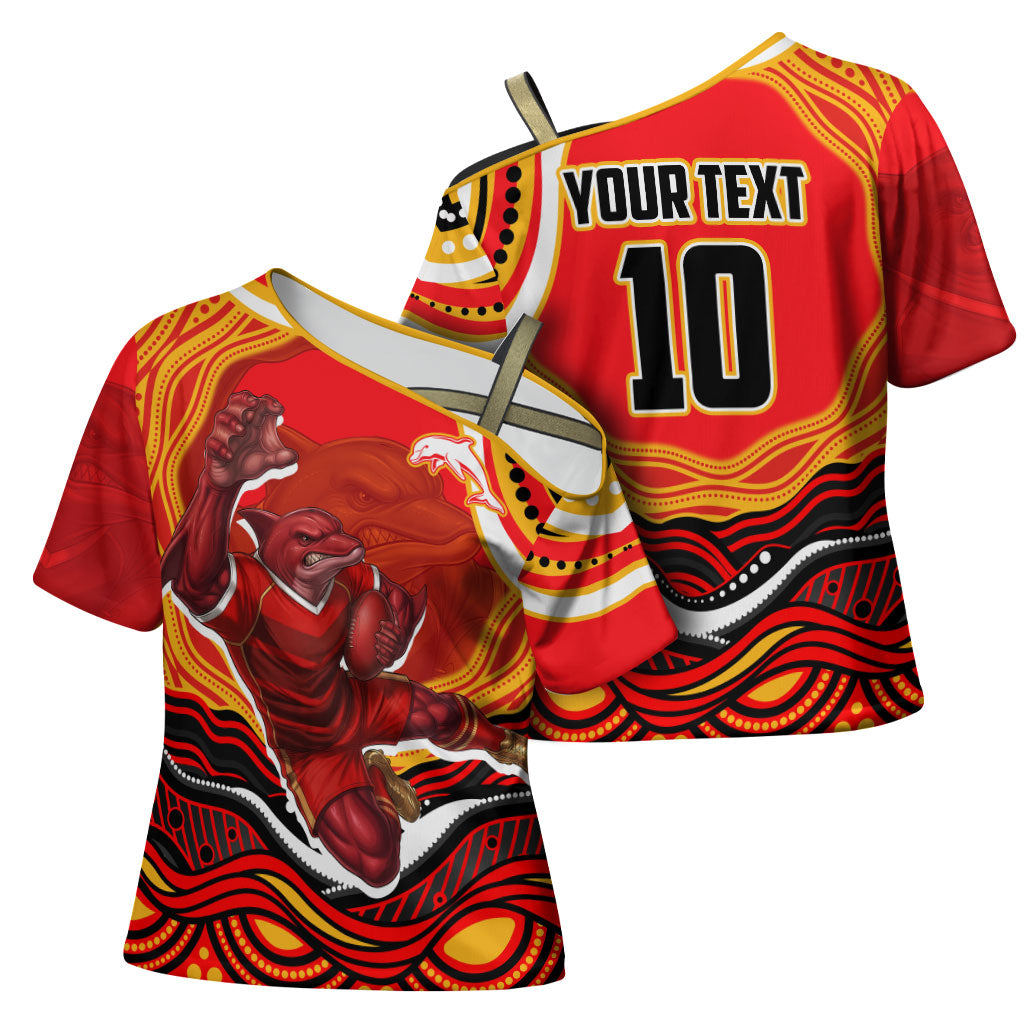 Personalized Redcliffe Dolphins Cross Shoulder Shirt Aboriginal Dot Art - Dreamtime Rugby Mascot