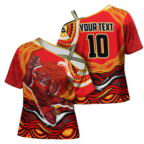 Personalized Redcliffe Dolphins Cross Shoulder Shirt Aboriginal Dot Art - Dreamtime Rugby Mascot