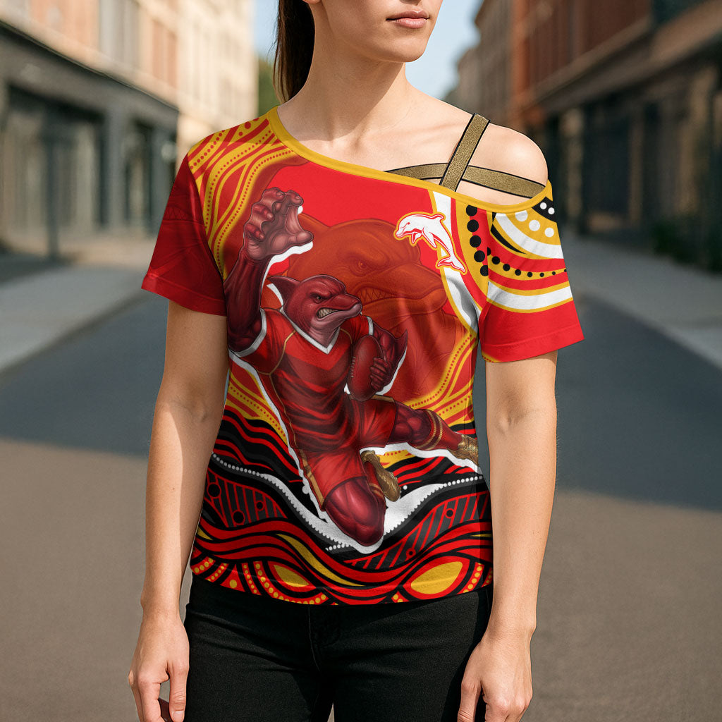 Personalized Redcliffe Dolphins Cross Shoulder Shirt Aboriginal Dot Art - Dreamtime Rugby Mascot