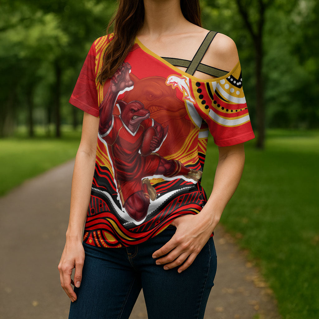 Personalized Redcliffe Dolphins Cross Shoulder Shirt Aboriginal Dot Art - Dreamtime Rugby Mascot
