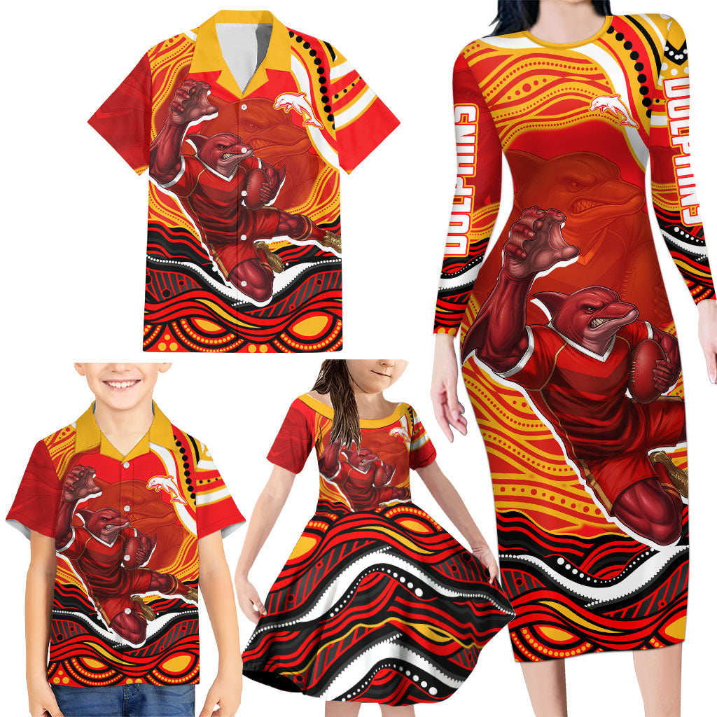 Personalized Redcliffe Dolphins Family Matching Long Sleeve Bodycon Dress and Hawaiian Shirt Aboriginal Dot Art - Dreamtime Rugby Mascot