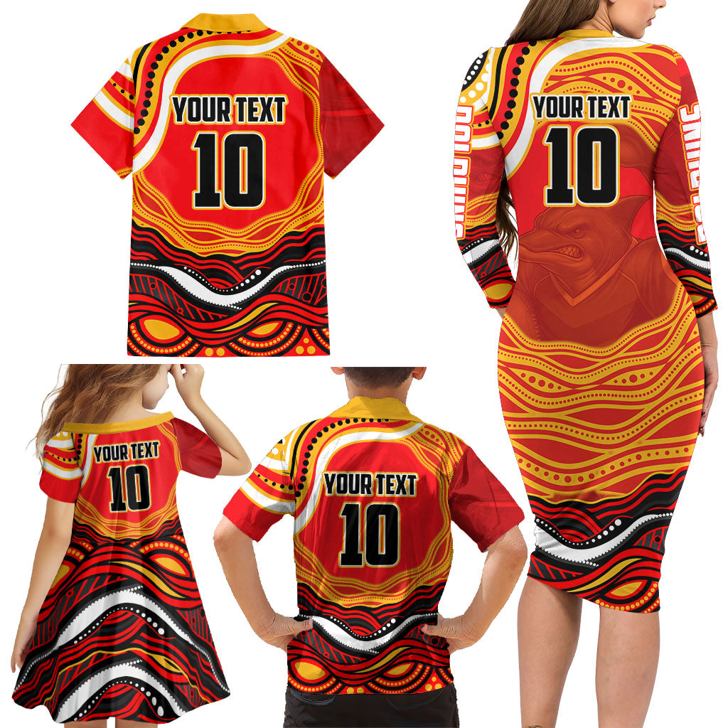 Personalized Redcliffe Dolphins Family Matching Long Sleeve Bodycon Dress and Hawaiian Shirt Aboriginal Dot Art - Dreamtime Rugby Mascot