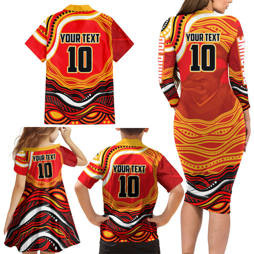Personalized Redcliffe Dolphins Family Matching Long Sleeve Bodycon Dress and Hawaiian Shirt Aboriginal Dot Art - Dreamtime Rugby Mascot