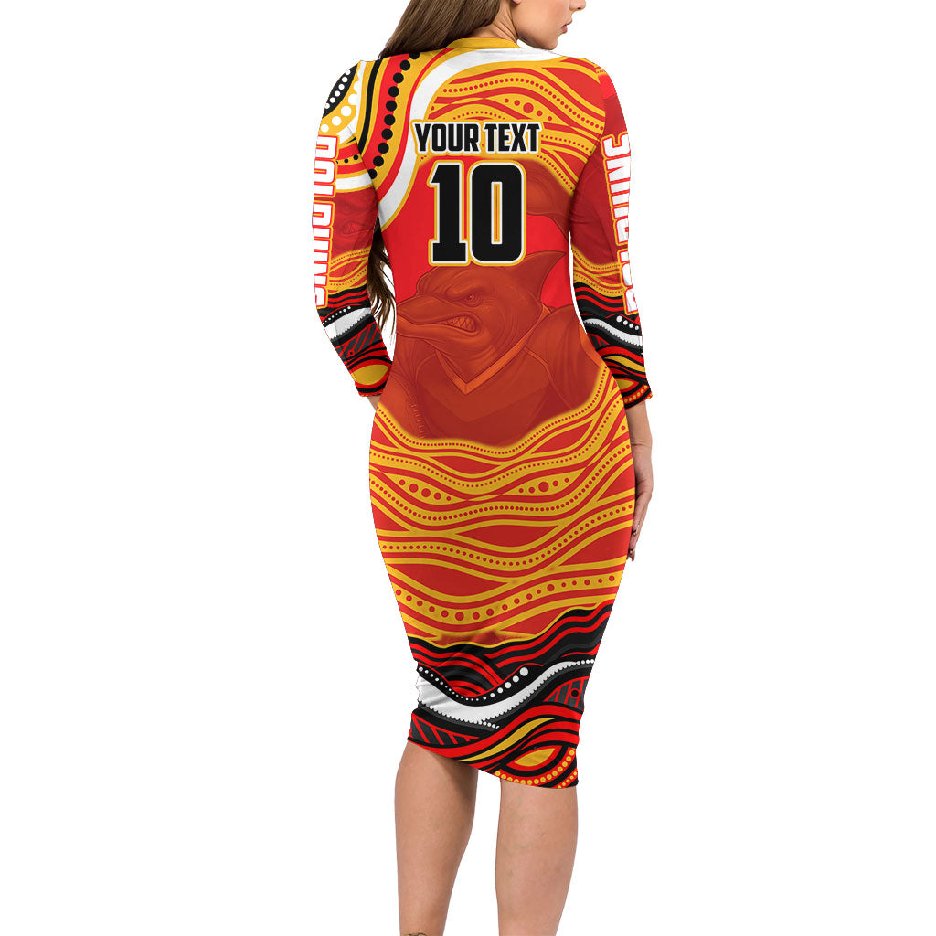 Personalized Redcliffe Dolphins Family Matching Long Sleeve Bodycon Dress and Hawaiian Shirt Aboriginal Dot Art - Dreamtime Rugby Mascot