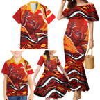 Personalized Redcliffe Dolphins Family Matching Mermaid Dress and Hawaiian Shirt Aboriginal Dot Art - Dreamtime Rugby Mascot