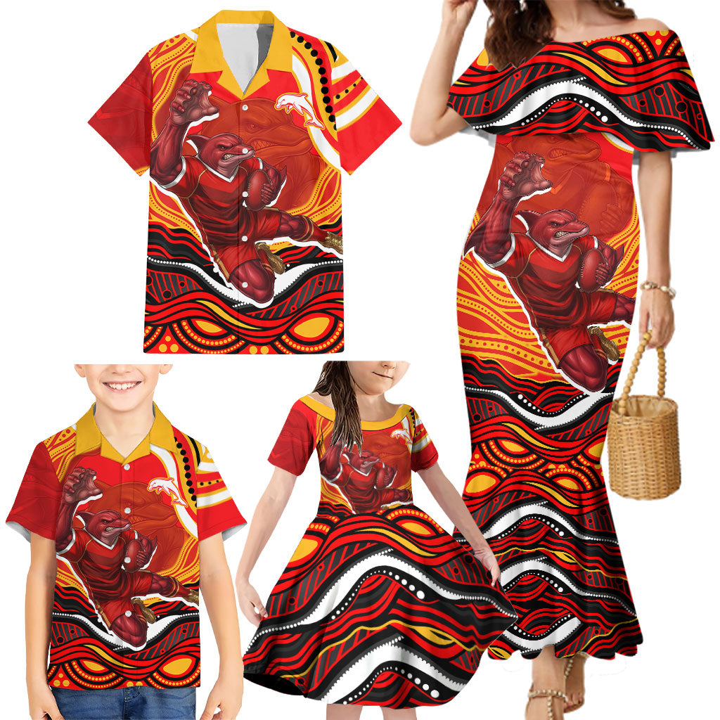 Personalized Redcliffe Dolphins Family Matching Mermaid Dress and Hawaiian Shirt Aboriginal Dot Art - Dreamtime Rugby Mascot