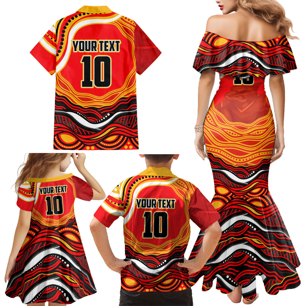 Personalized Redcliffe Dolphins Family Matching Mermaid Dress and Hawaiian Shirt Aboriginal Dot Art - Dreamtime Rugby Mascot