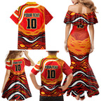 Personalized Redcliffe Dolphins Family Matching Mermaid Dress and Hawaiian Shirt Aboriginal Dot Art - Dreamtime Rugby Mascot