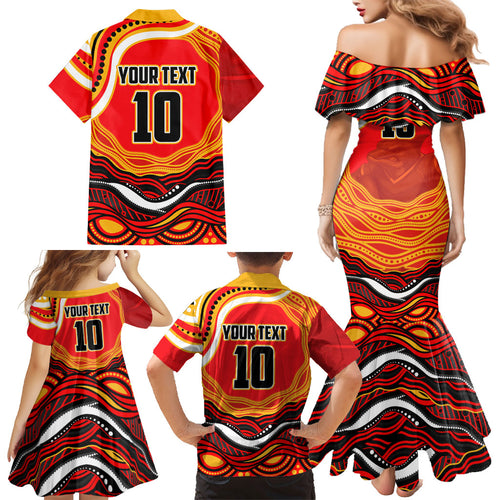 Personalized Redcliffe Dolphins Family Matching Mermaid Dress and Hawaiian Shirt Aboriginal Dot Art - Dreamtime Rugby Mascot