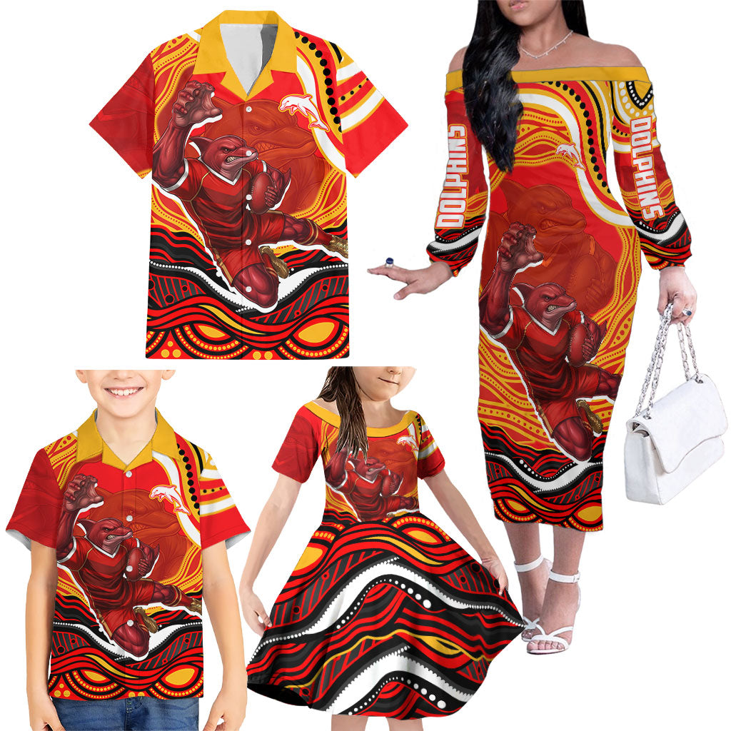 Personalized Redcliffe Dolphins Family Matching Off The Shoulder Long Sleeve Dress and Hawaiian Shirt Aboriginal Dot Art - Dreamtime Rugby Mascot