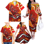 Personalized Redcliffe Dolphins Family Matching Off The Shoulder Long Sleeve Dress and Hawaiian Shirt Aboriginal Dot Art - Dreamtime Rugby Mascot