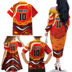 Personalized Redcliffe Dolphins Family Matching Off The Shoulder Long Sleeve Dress and Hawaiian Shirt Aboriginal Dot Art - Dreamtime Rugby Mascot
