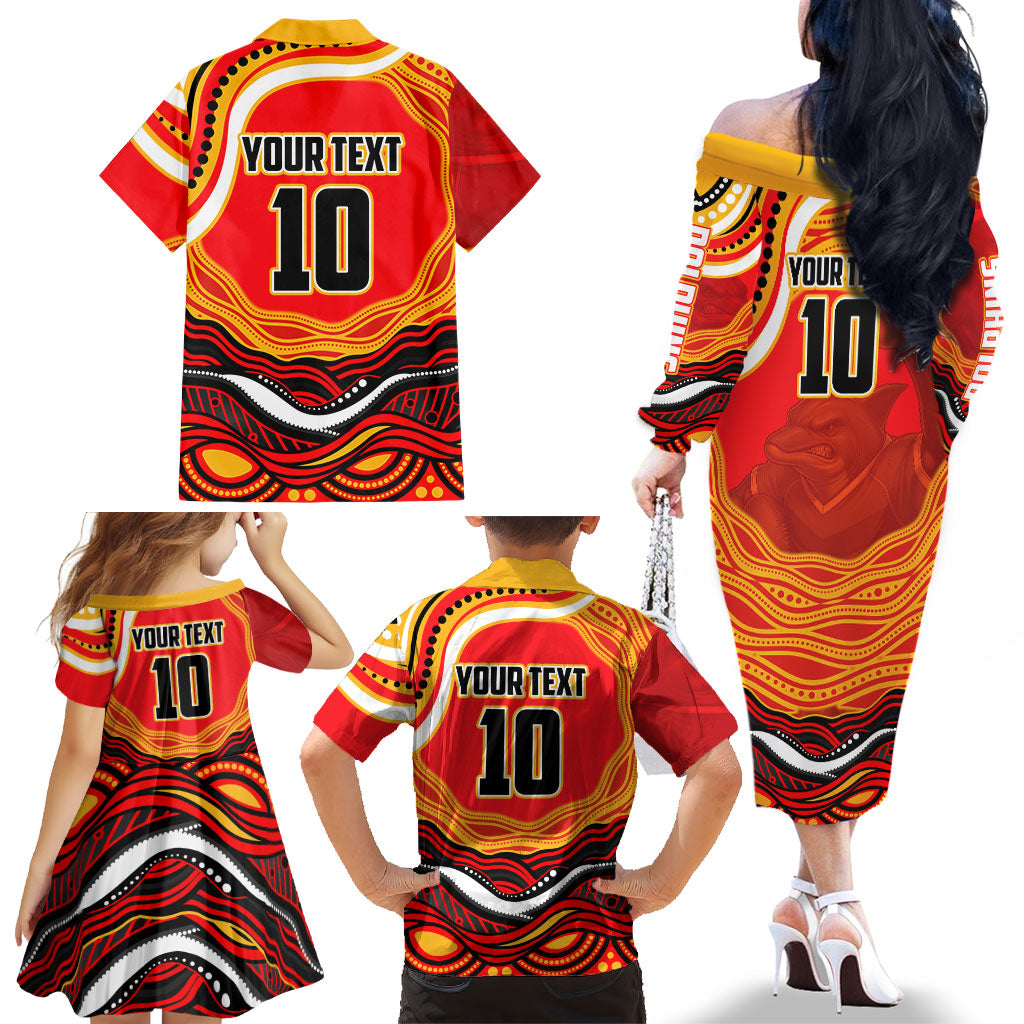 Personalized Redcliffe Dolphins Family Matching Off The Shoulder Long Sleeve Dress and Hawaiian Shirt Aboriginal Dot Art - Dreamtime Rugby Mascot