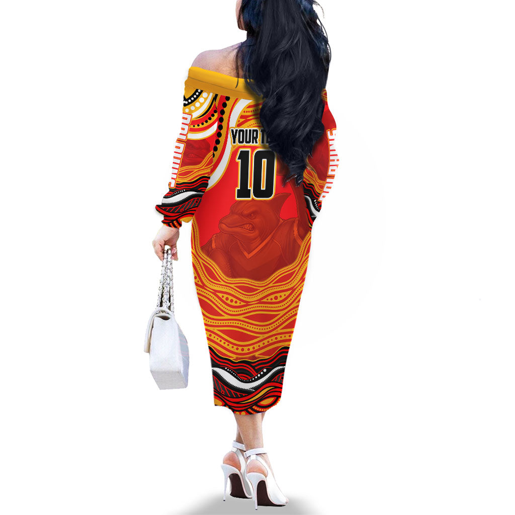 Personalized Redcliffe Dolphins Family Matching Off The Shoulder Long Sleeve Dress and Hawaiian Shirt Aboriginal Dot Art - Dreamtime Rugby Mascot