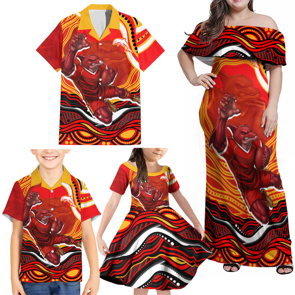 Personalized Redcliffe Dolphins Family Matching Off Shoulder Maxi Dress and Hawaiian Shirt Aboriginal Dot Art - Dreamtime Rugby Mascot