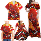 Personalized Redcliffe Dolphins Family Matching Off Shoulder Maxi Dress and Hawaiian Shirt Aboriginal Dot Art - Dreamtime Rugby Mascot