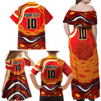 Personalized Redcliffe Dolphins Family Matching Off Shoulder Maxi Dress and Hawaiian Shirt Aboriginal Dot Art - Dreamtime Rugby Mascot