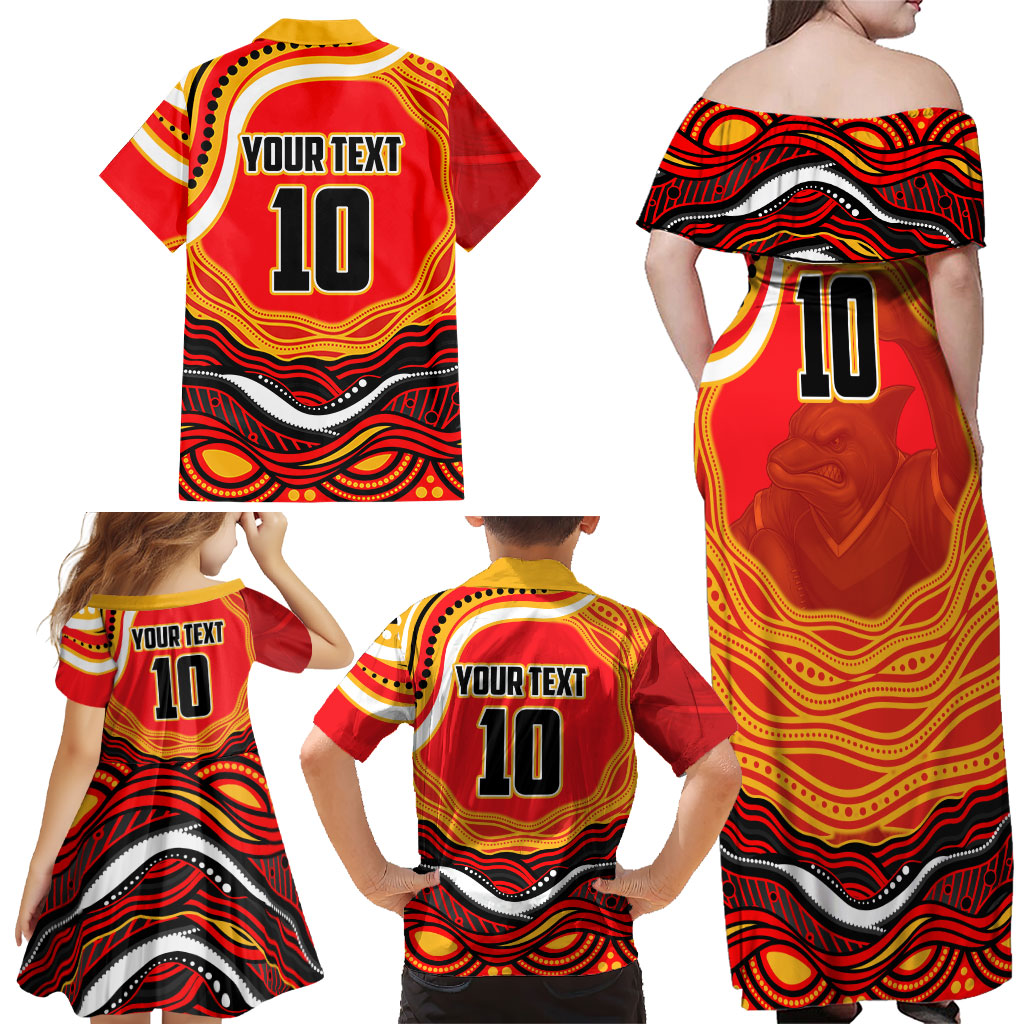 Personalized Redcliffe Dolphins Family Matching Off Shoulder Maxi Dress and Hawaiian Shirt Aboriginal Dot Art - Dreamtime Rugby Mascot