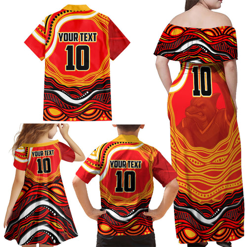 Personalized Redcliffe Dolphins Family Matching Off Shoulder Maxi Dress and Hawaiian Shirt Aboriginal Dot Art - Dreamtime Rugby Mascot