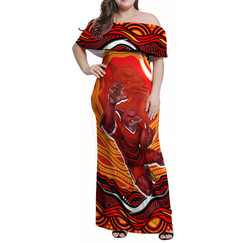 Personalized Redcliffe Dolphins Family Matching Off Shoulder Maxi Dress and Hawaiian Shirt Aboriginal Dot Art - Dreamtime Rugby Mascot
