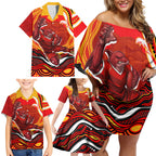 Personalized Redcliffe Dolphins Family Matching Off Shoulder Short Dress and Hawaiian Shirt Aboriginal Dot Art - Dreamtime Rugby Mascot