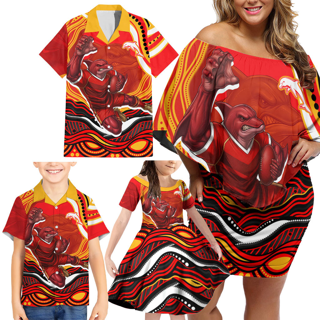 Personalized Redcliffe Dolphins Family Matching Off Shoulder Short Dress and Hawaiian Shirt Aboriginal Dot Art - Dreamtime Rugby Mascot