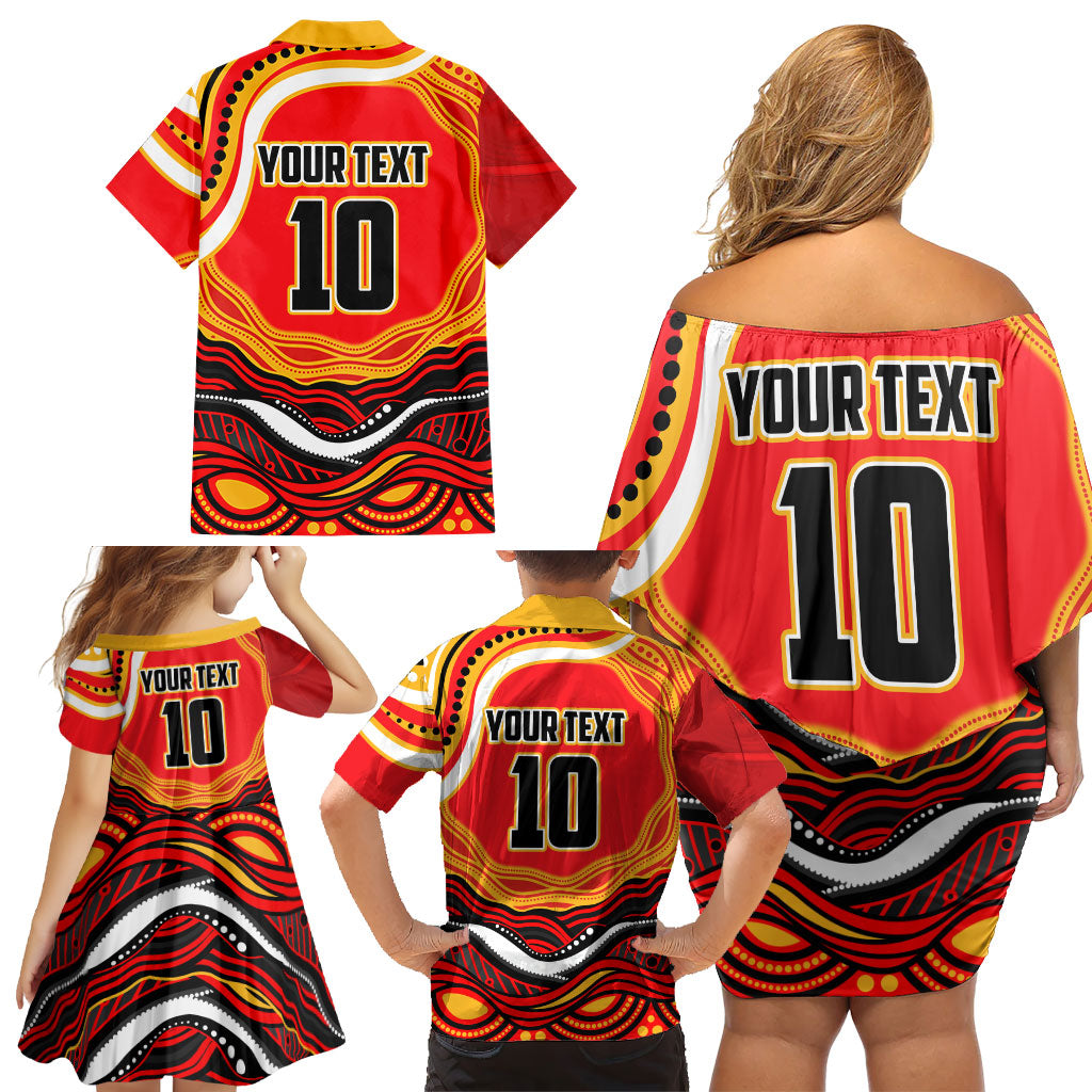 Personalized Redcliffe Dolphins Family Matching Off Shoulder Short Dress and Hawaiian Shirt Aboriginal Dot Art - Dreamtime Rugby Mascot