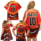 Personalized Redcliffe Dolphins Family Matching Off Shoulder Short Dress and Hawaiian Shirt Aboriginal Dot Art - Dreamtime Rugby Mascot