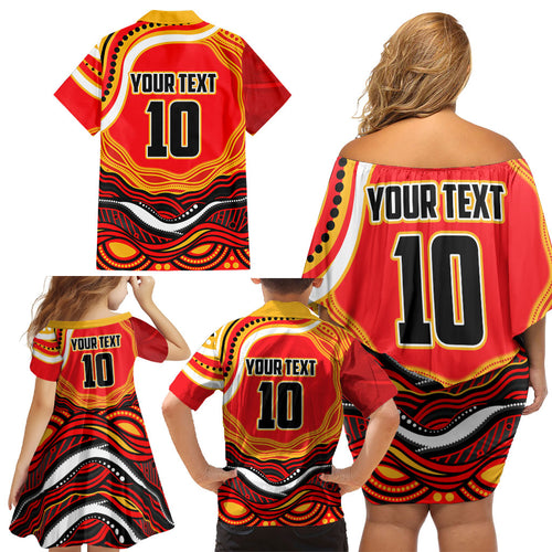 Personalized Redcliffe Dolphins Family Matching Off Shoulder Short Dress and Hawaiian Shirt Aboriginal Dot Art - Dreamtime Rugby Mascot