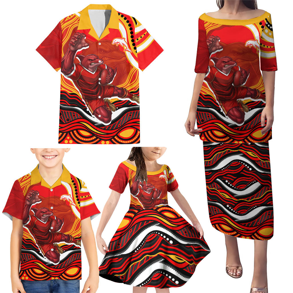 Personalized Redcliffe Dolphins Family Matching Puletasi and Hawaiian Shirt Aboriginal Dot Art - Dreamtime Rugby Mascot
