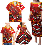 Personalized Redcliffe Dolphins Family Matching Puletasi and Hawaiian Shirt Aboriginal Dot Art - Dreamtime Rugby Mascot