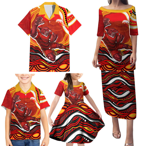 Personalized Redcliffe Dolphins Family Matching Puletasi and Hawaiian Shirt Aboriginal Dot Art - Dreamtime Rugby Mascot
