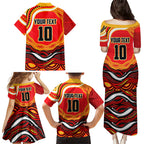 Personalized Redcliffe Dolphins Family Matching Puletasi and Hawaiian Shirt Aboriginal Dot Art - Dreamtime Rugby Mascot