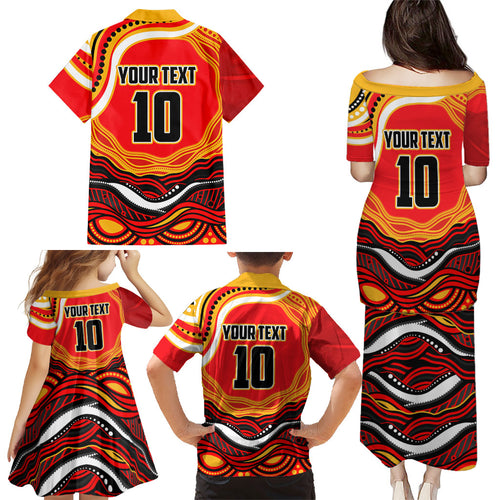 Personalized Redcliffe Dolphins Family Matching Puletasi and Hawaiian Shirt Aboriginal Dot Art - Dreamtime Rugby Mascot