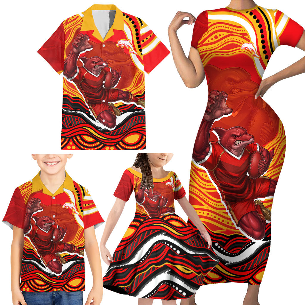 Personalized Redcliffe Dolphins Family Matching Short Sleeve Bodycon Dress and Hawaiian Shirt Aboriginal Dot Art - Dreamtime Rugby Mascot