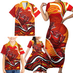 Personalized Redcliffe Dolphins Family Matching Short Sleeve Bodycon Dress and Hawaiian Shirt Aboriginal Dot Art - Dreamtime Rugby Mascot