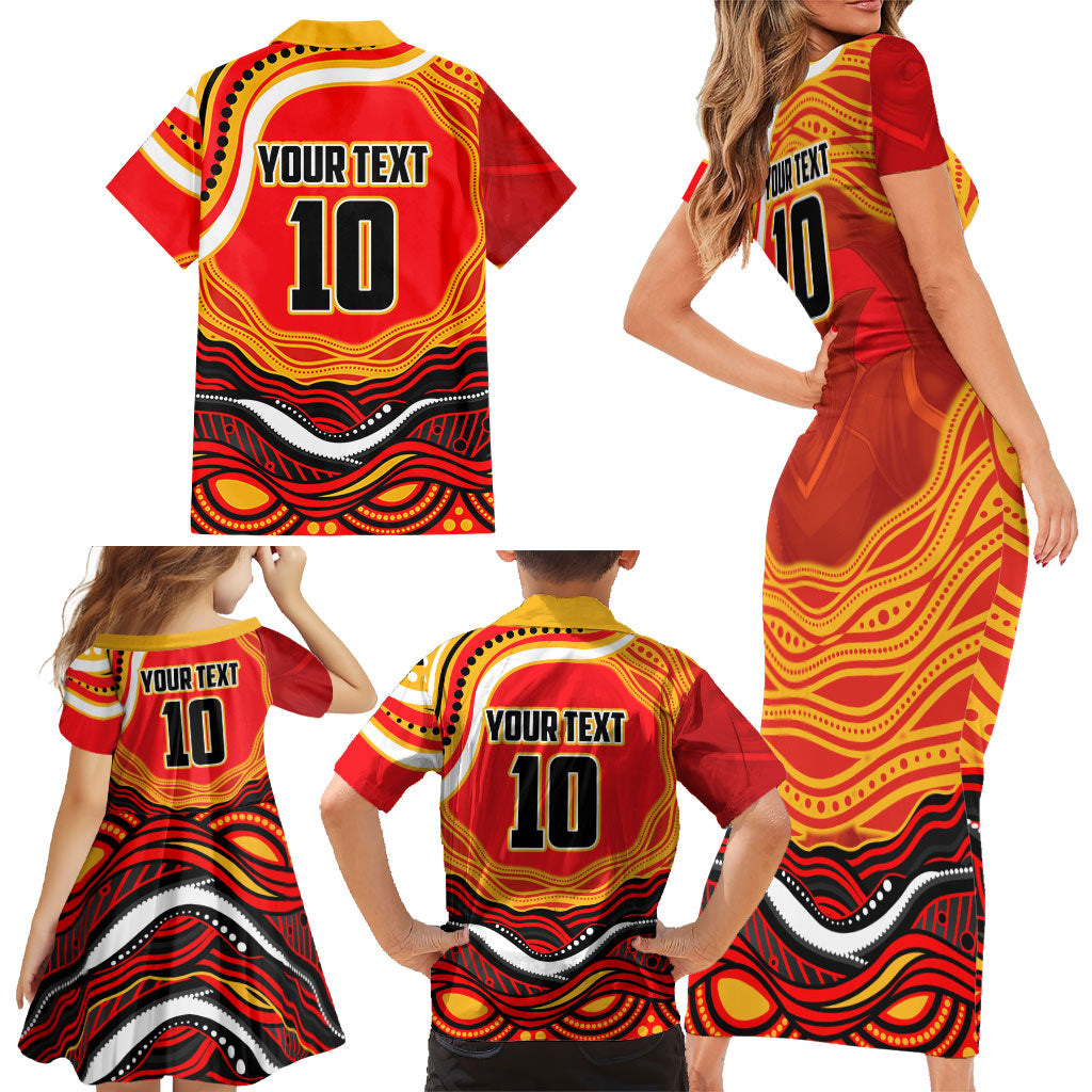 Personalized Redcliffe Dolphins Family Matching Short Sleeve Bodycon Dress and Hawaiian Shirt Aboriginal Dot Art - Dreamtime Rugby Mascot