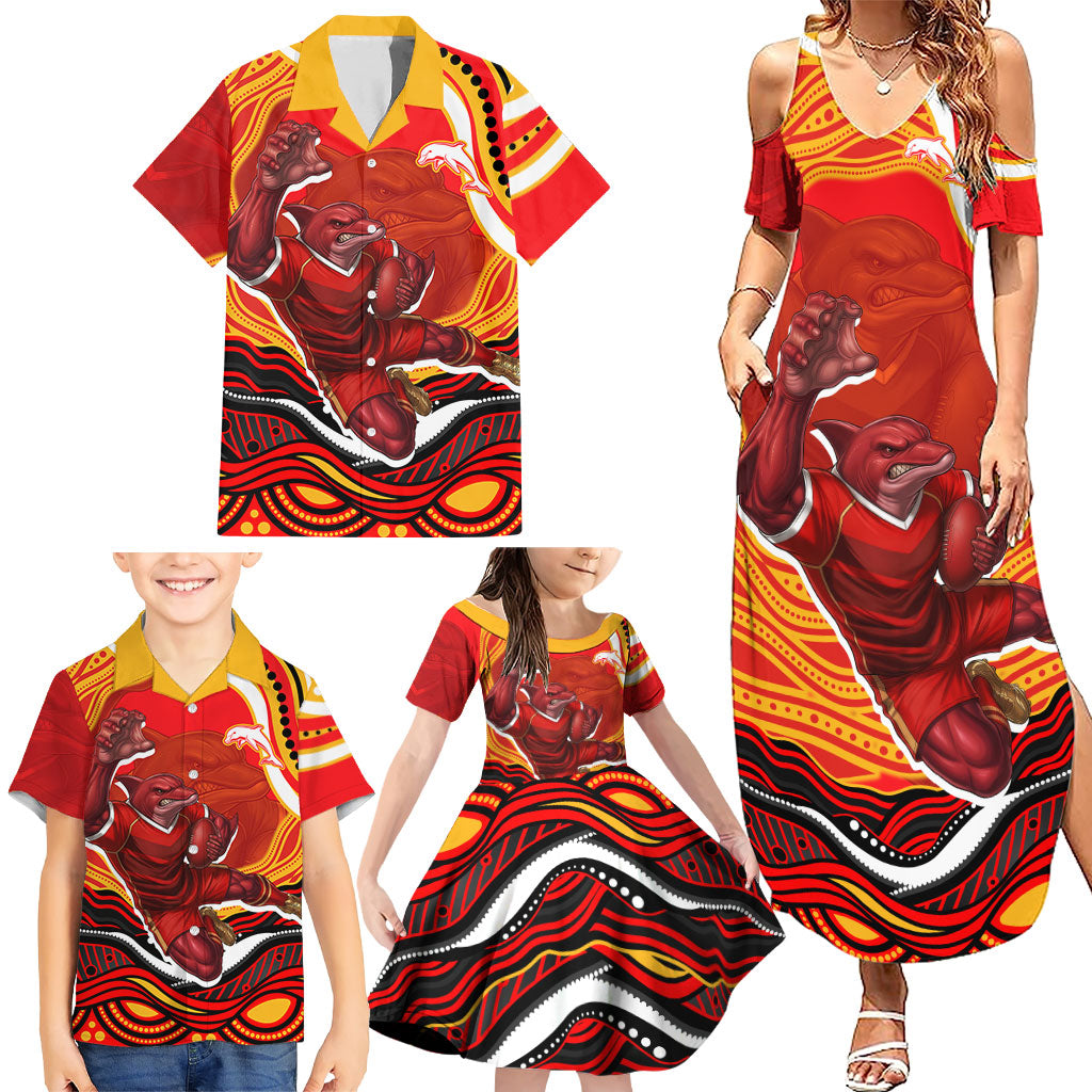 Personalized Redcliffe Dolphins Family Matching Summer Maxi Dress and Hawaiian Shirt Aboriginal Dot Art - Dreamtime Rugby Mascot
