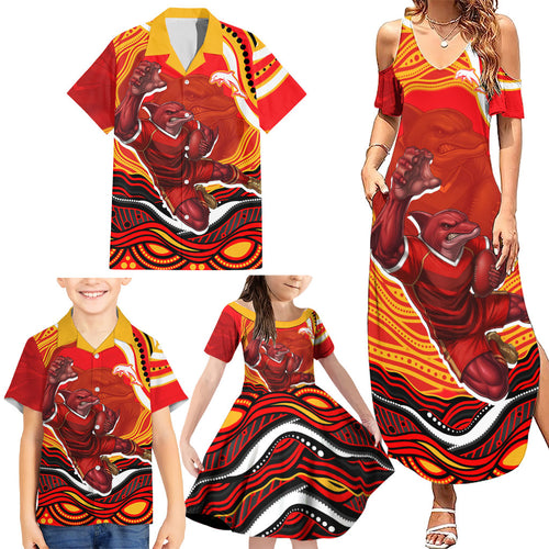 Personalized Redcliffe Dolphins Family Matching Summer Maxi Dress and Hawaiian Shirt Aboriginal Dot Art - Dreamtime Rugby Mascot