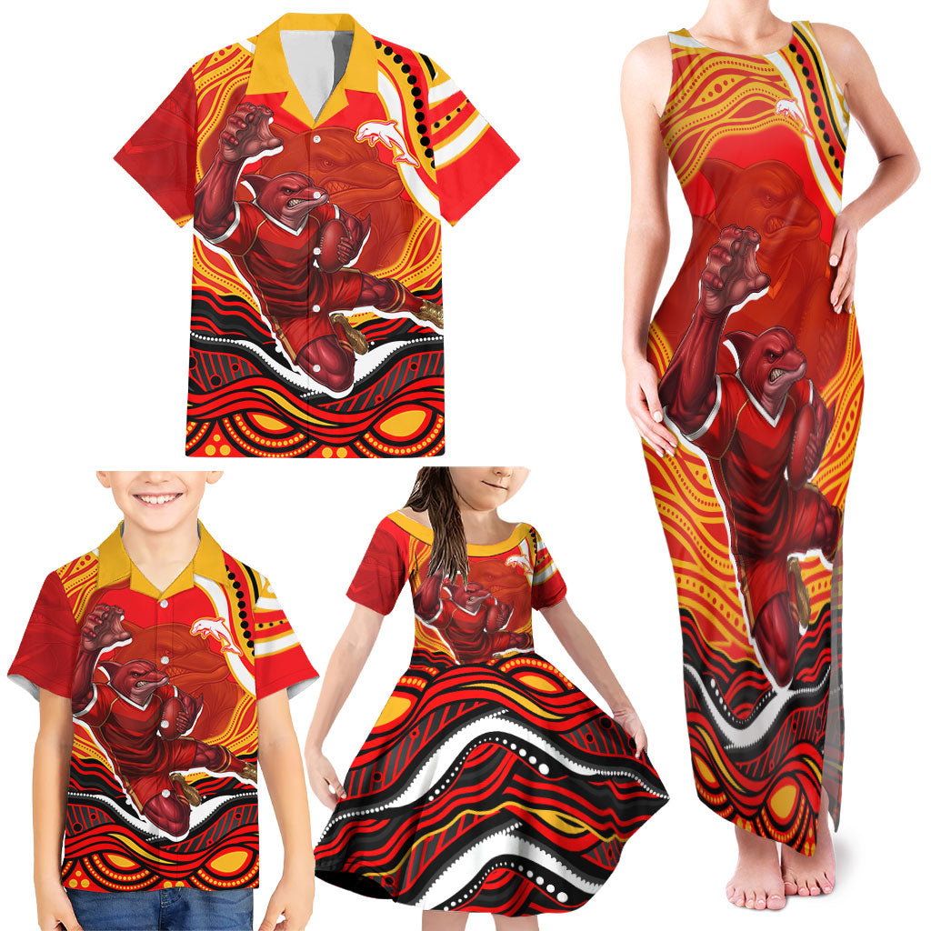 Personalized Redcliffe Dolphins Family Matching Tank Maxi Dress and Hawaiian Shirt Aboriginal Dot Art - Dreamtime Rugby Mascot
