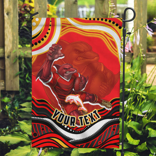 Personalized Redcliffe Dolphins Garden Flag Aboriginal Dot Art - Dreamtime Rugby Mascot