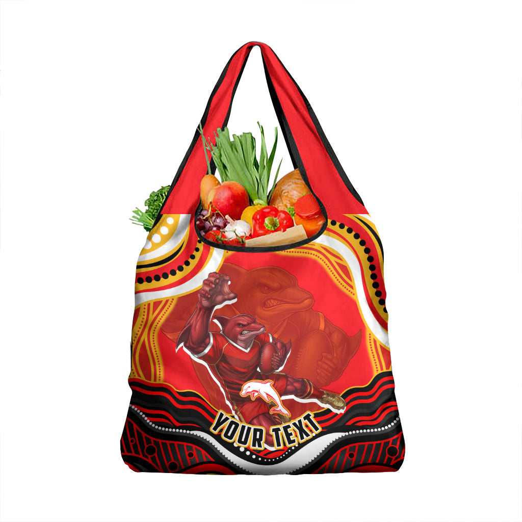 Personalized Redcliffe Dolphins Grocery Bag Aboriginal Dot Art - Dreamtime Rugby Mascot