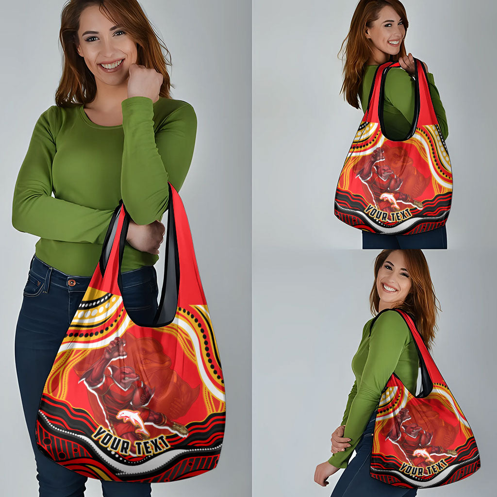 Personalized Redcliffe Dolphins Grocery Bag Aboriginal Dot Art - Dreamtime Rugby Mascot