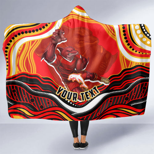 Personalized Redcliffe Dolphins Hooded Blanket Aboriginal Dot Art - Dreamtime Rugby Mascot
